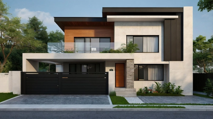 Model Fasad Rumah Minimalis 2 Lantai Kombinasi Kaca Baja